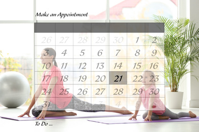 Double exposure of calendar and family doing yoga together at home