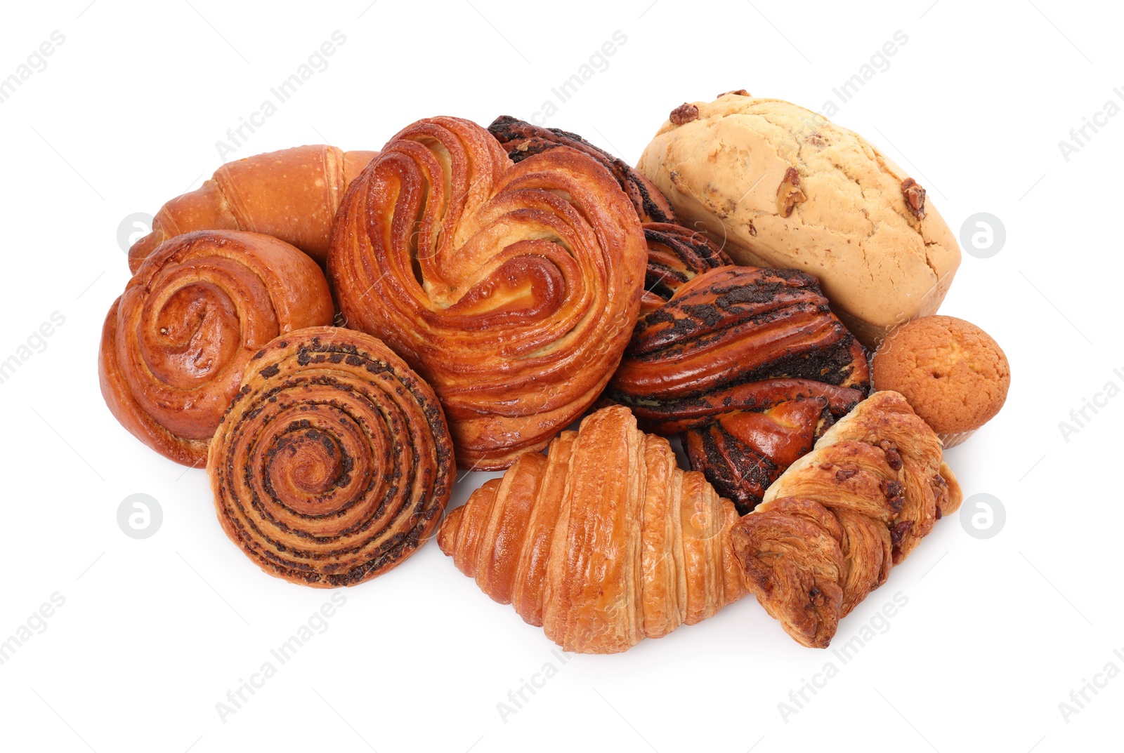 Photo of Different tasty freshly baked pastries isolated on white, top view