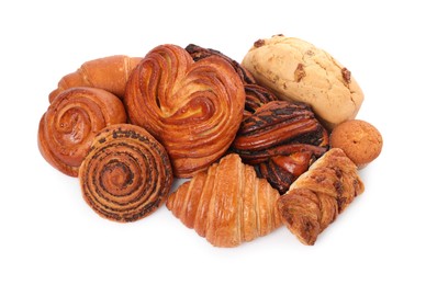 Photo of Different tasty freshly baked pastries isolated on white, top view