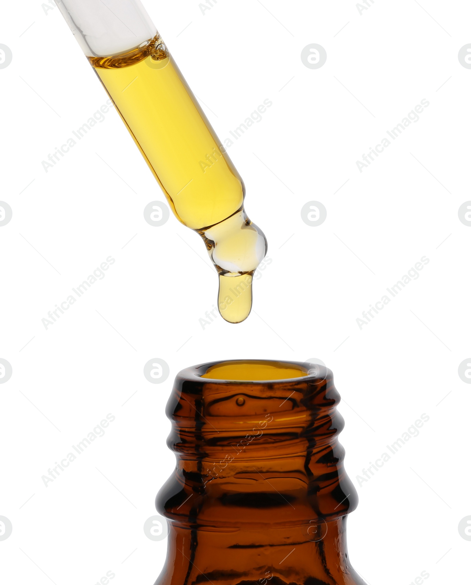 Photo of Dripping tincture from pipette into bottle isolated on white