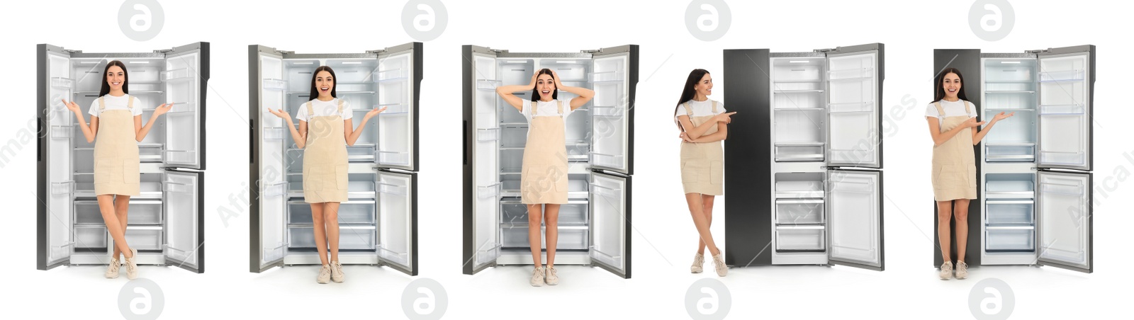 Image of Collage of woman near open empty refrigerators on white background