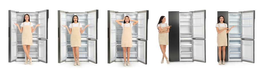 Collage of woman near open empty refrigerators on white background