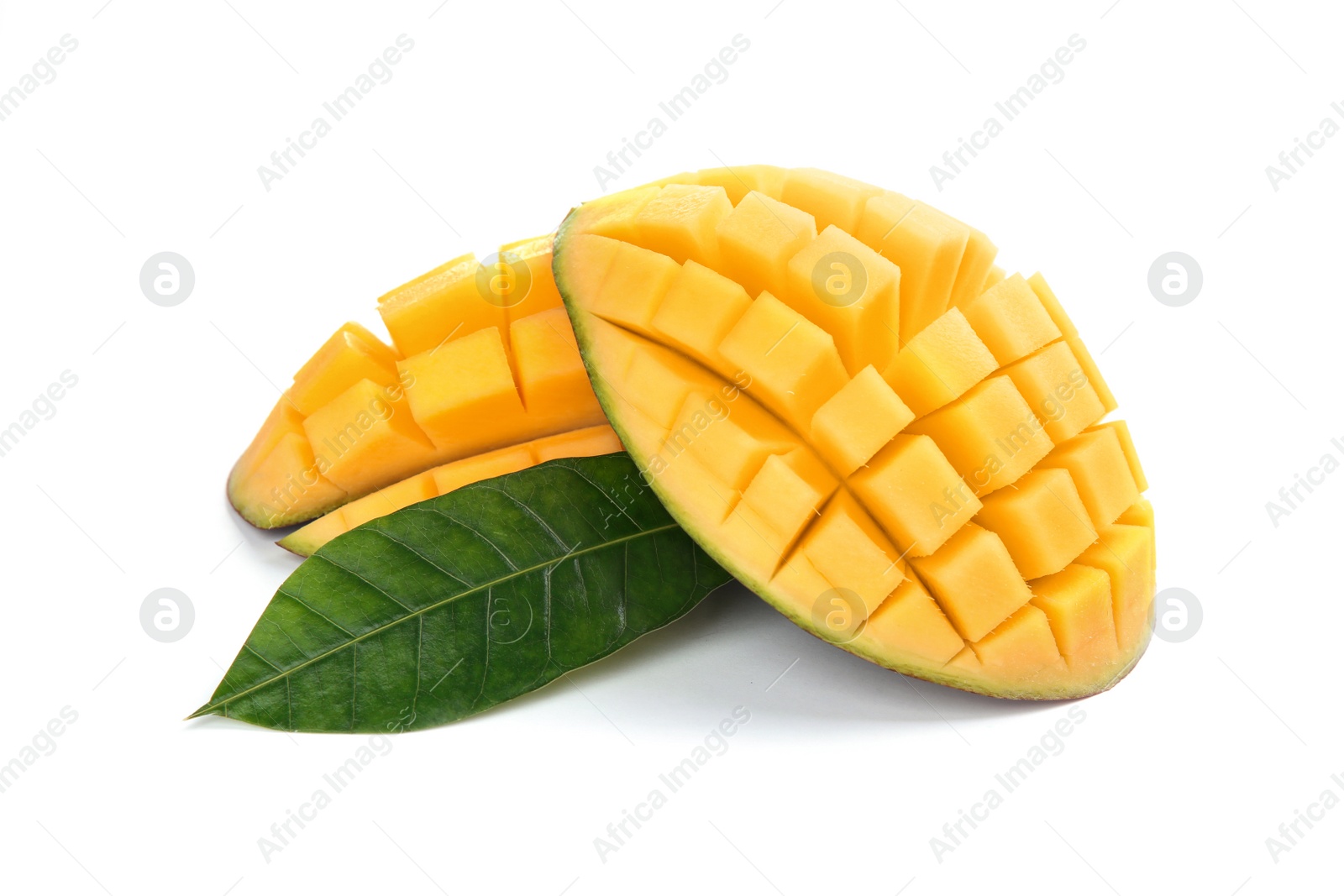 Photo of Cut ripe mango on white background. Tropical fruit