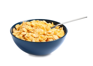 Bowl with crispy cornflakes on white background