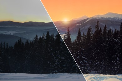 Image of Photo before and after retouch, collage. Beautiful mountain landscape with forest on snowy hill in winter