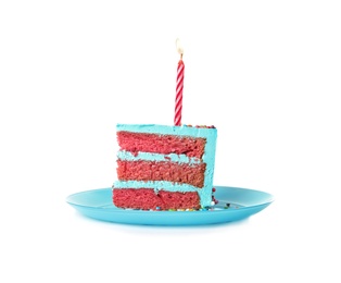 Photo of Slice of fresh delicious birthday cake with candle on white background