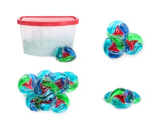 Image of Set with laundry capsules on white background. Detergent pods