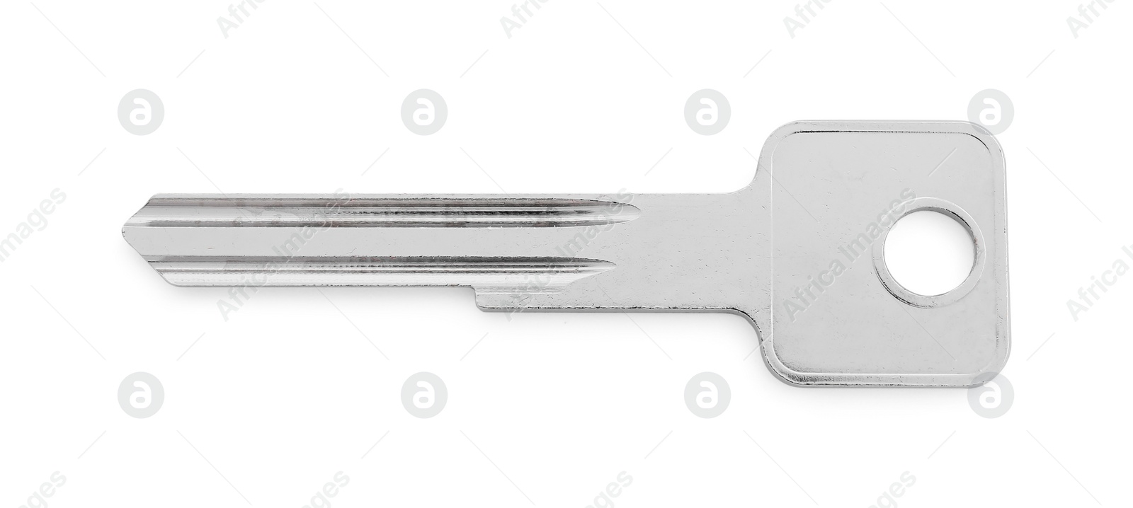 Photo of One metal door key isolated on white, top view