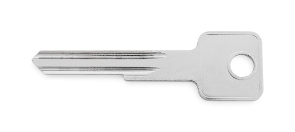 Photo of One metal door key isolated on white, top view