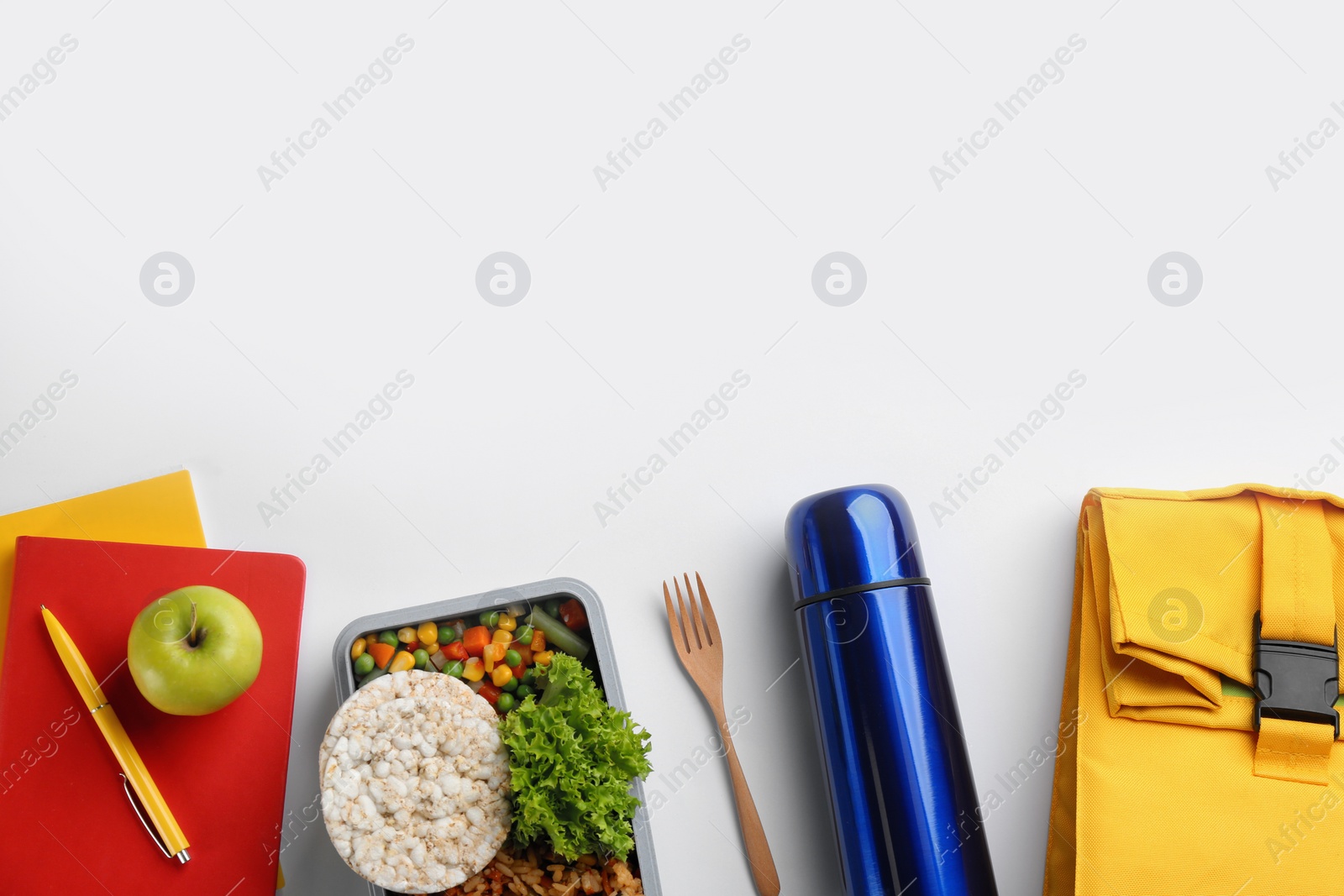 Photo of Composition with thermos on white background, top view