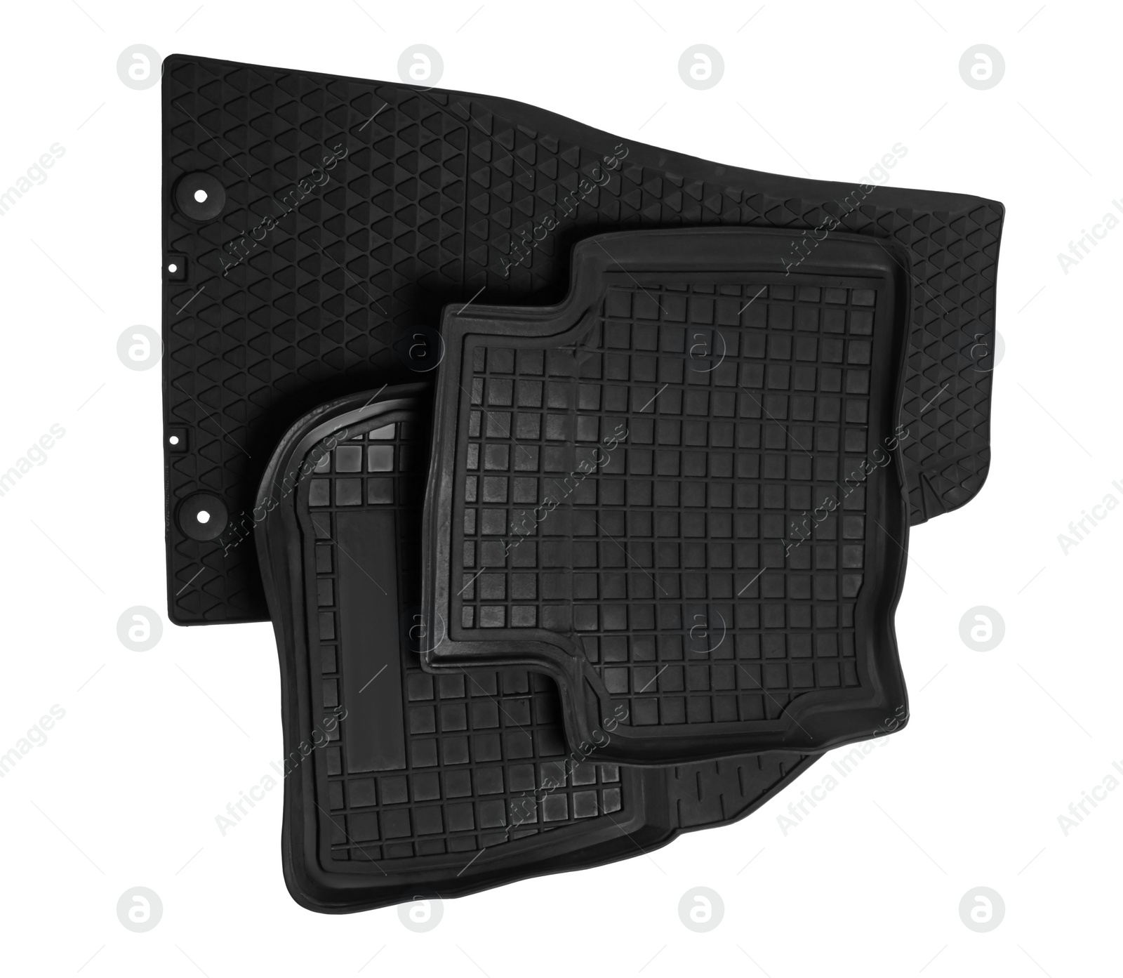 Photo of Black rubber car floor mats on white background, top view