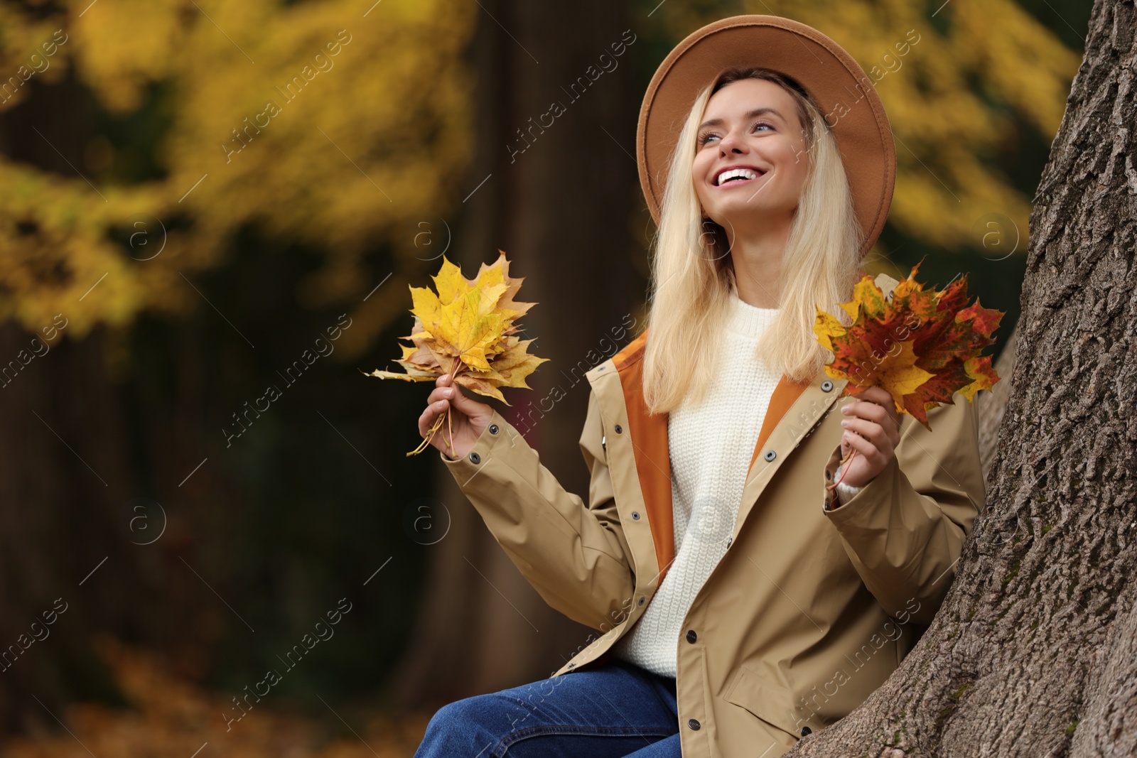 Photo of Happy woman with autumn leaves outdoors. Space for text