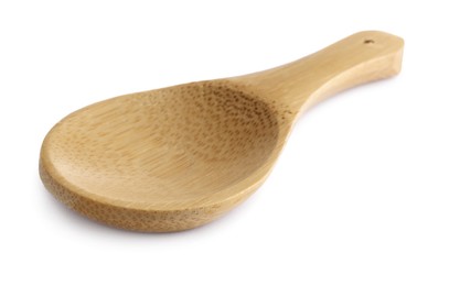 Photo of One new wooden spoon on white background
