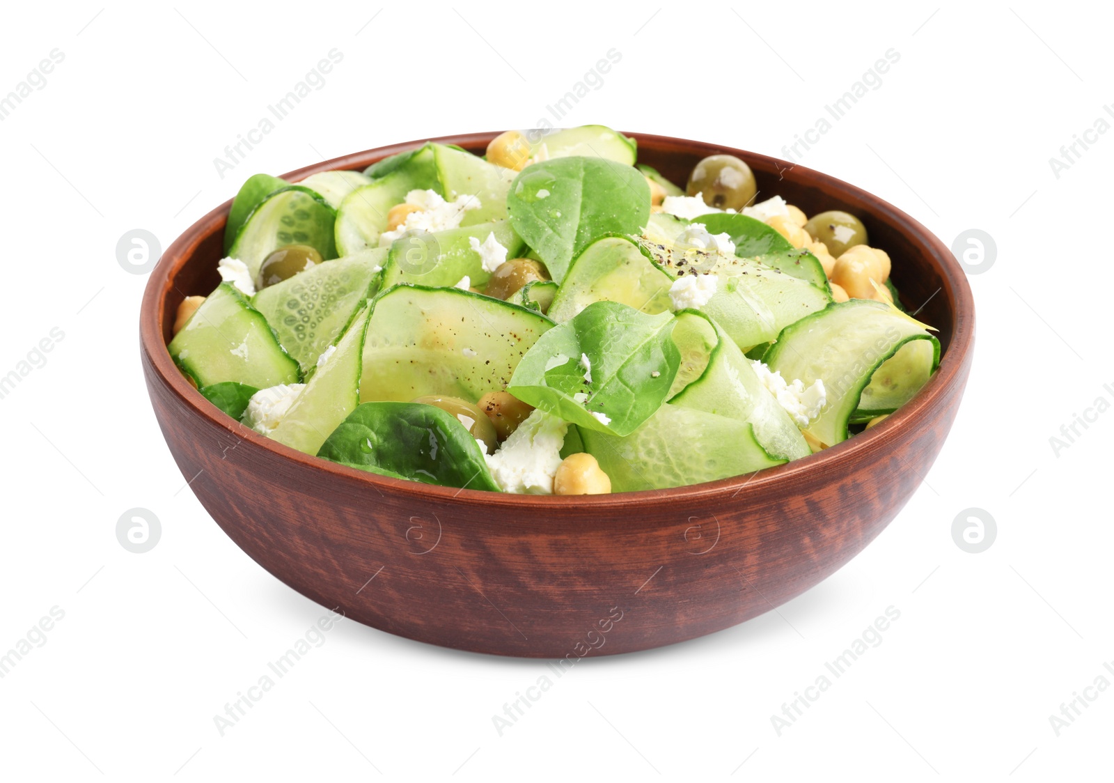 Photo of Bowl of delicious cucumber salad isolated on white