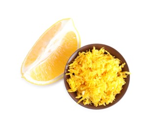 Lemon zest and fresh fruit on white background, top view