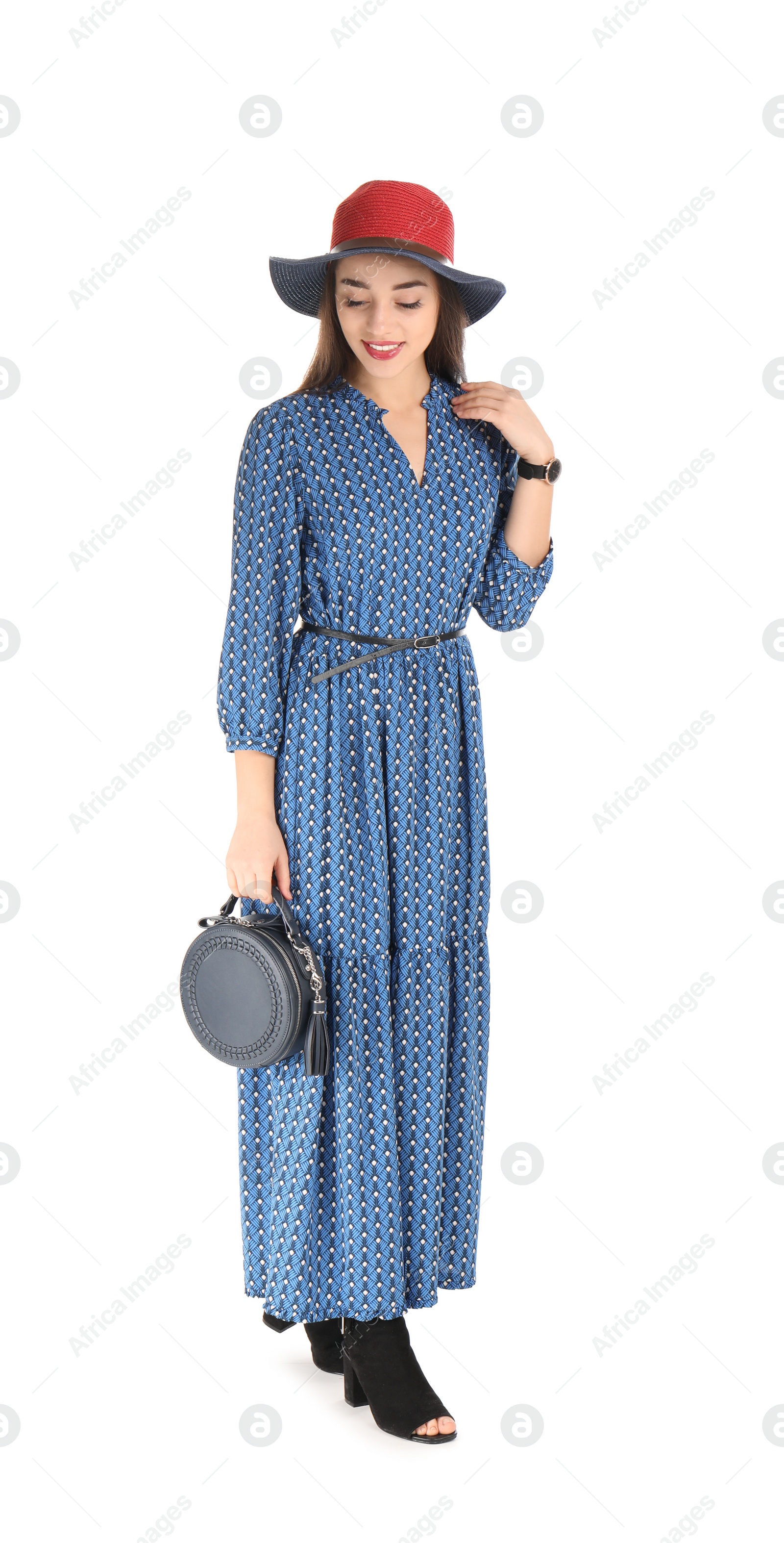 Photo of Portrait of beautiful young woman in stylish dress on white background