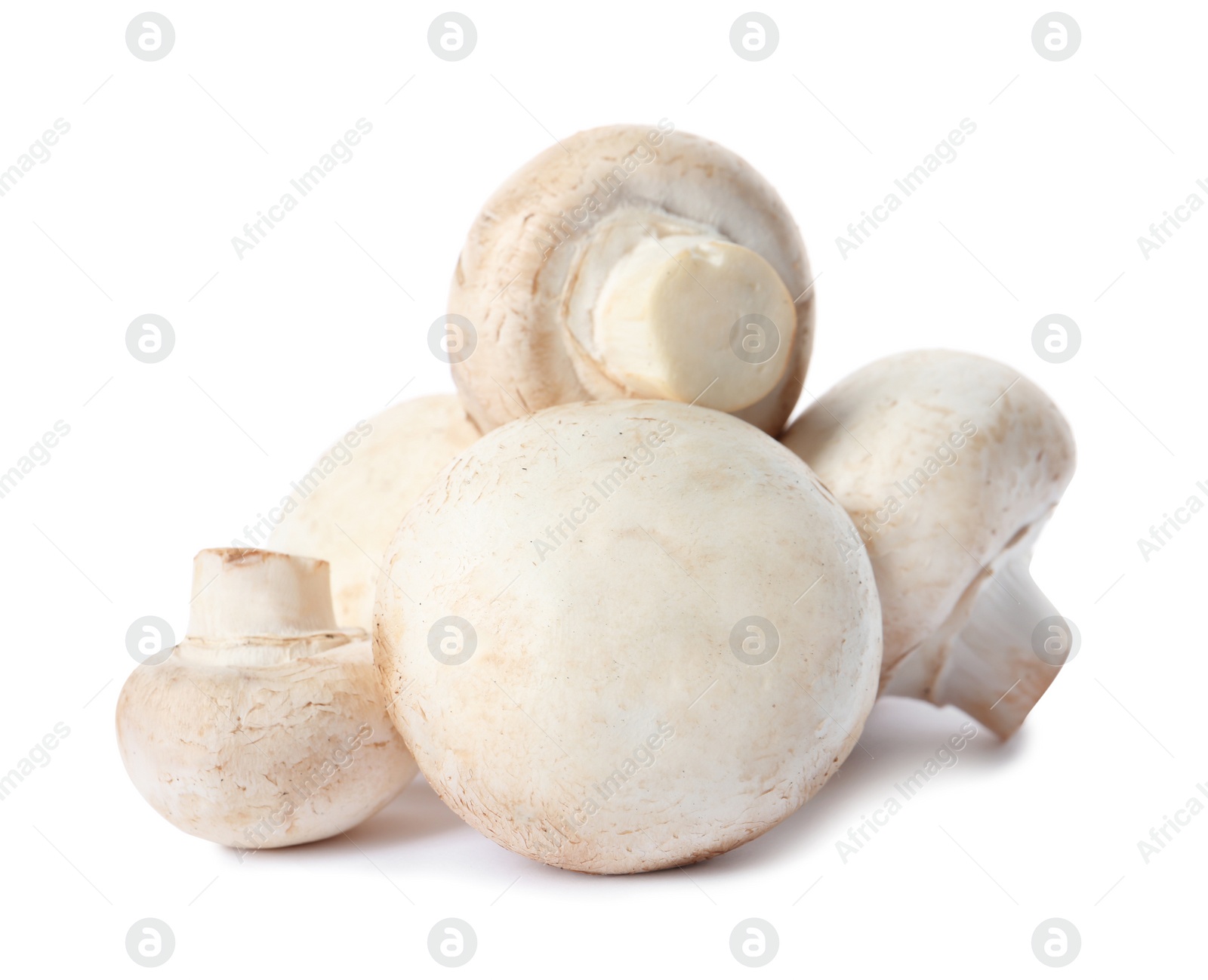 Photo of Fresh champignon mushrooms isolated on white. Healthy food