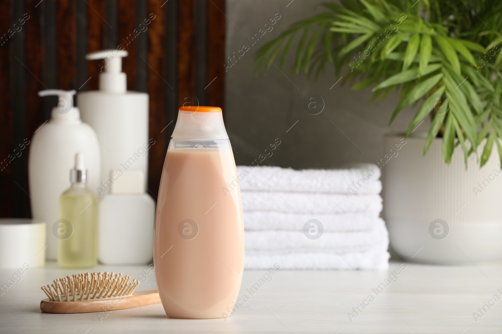 Photo of Bottle of shampoo, wooden hairbrush and toiletries on white table indoors, space for text