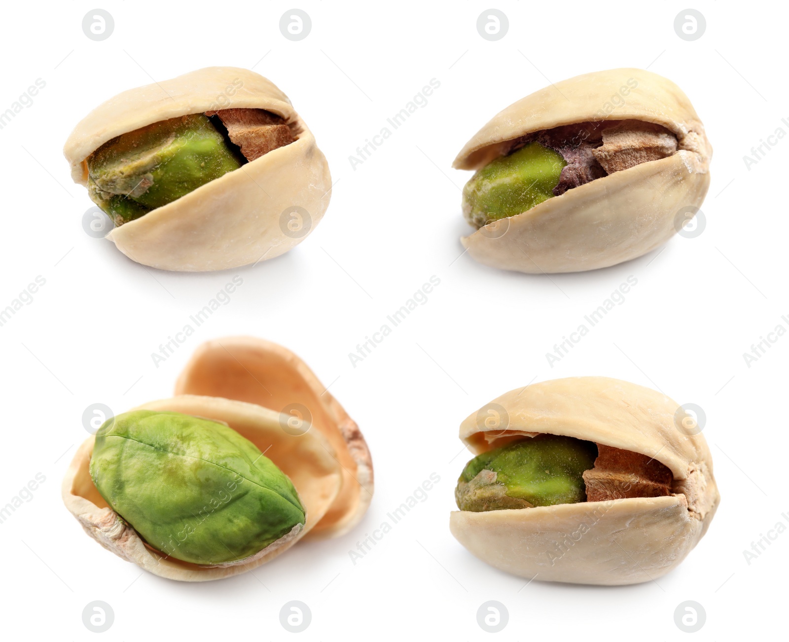 Image of Set with tasty pistachio nuts on white background