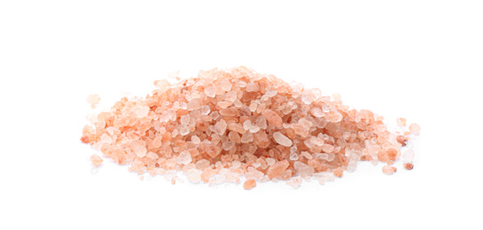 Photo of Pile of pink himalayan salt isolated on white