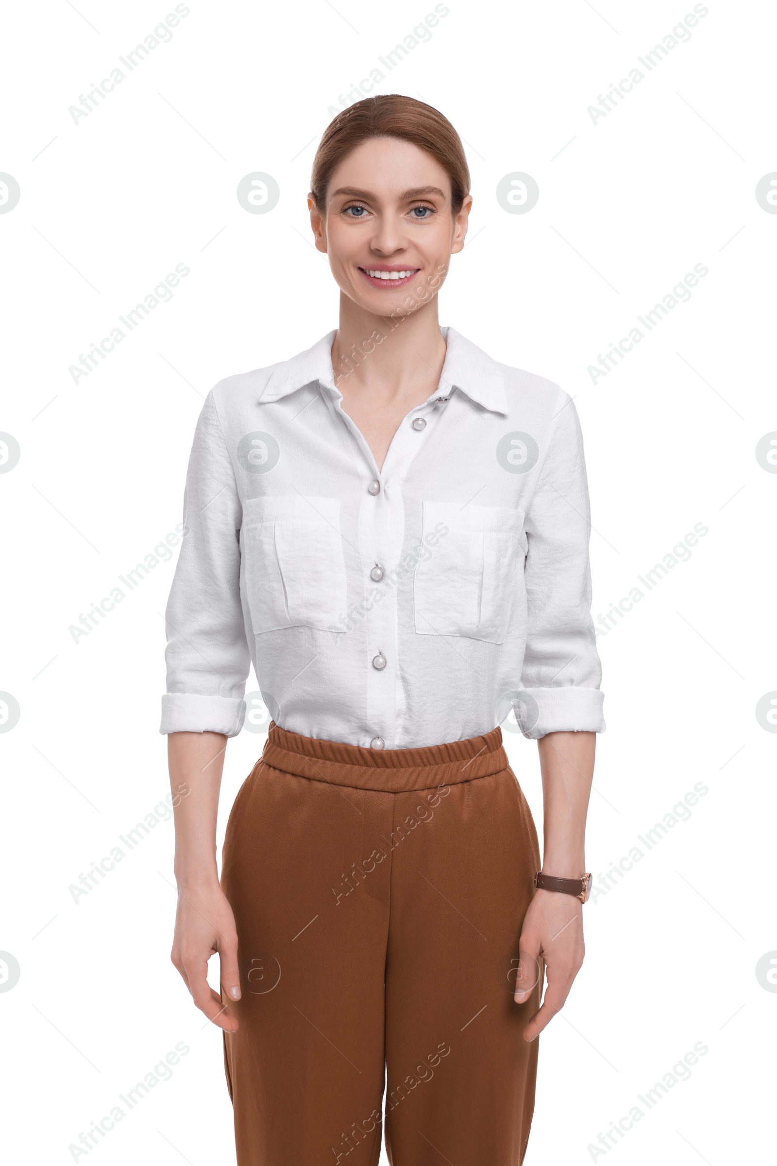 Photo of Portrait of beautiful happy businesswoman on white background