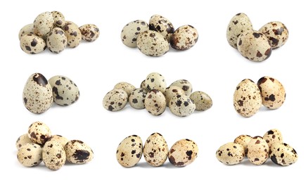 Image of Set with quail eggs on white background