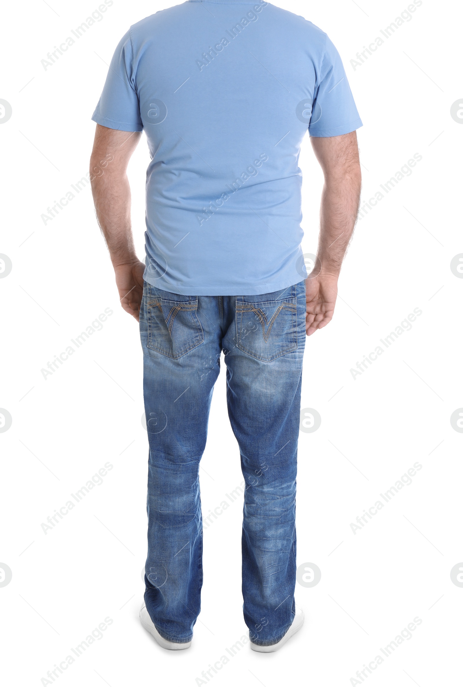 Photo of Overweight man isolated on white, closeup. Weight loss