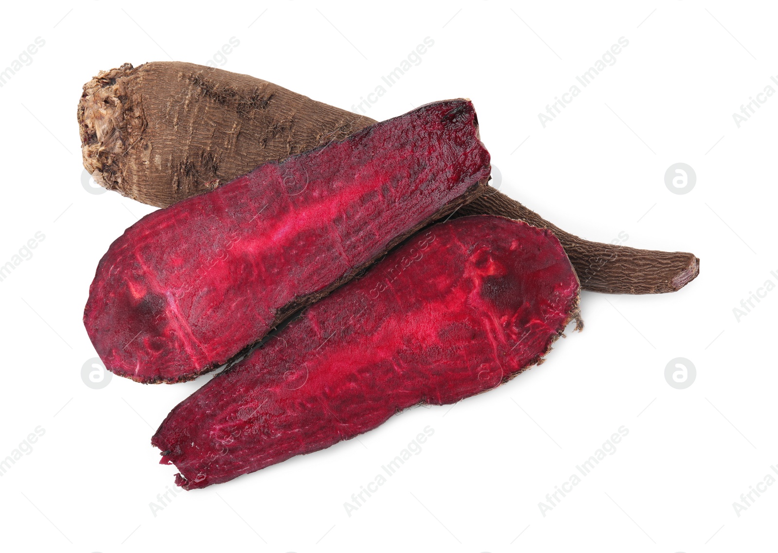 Photo of Whole and cut red beets on white background, top view