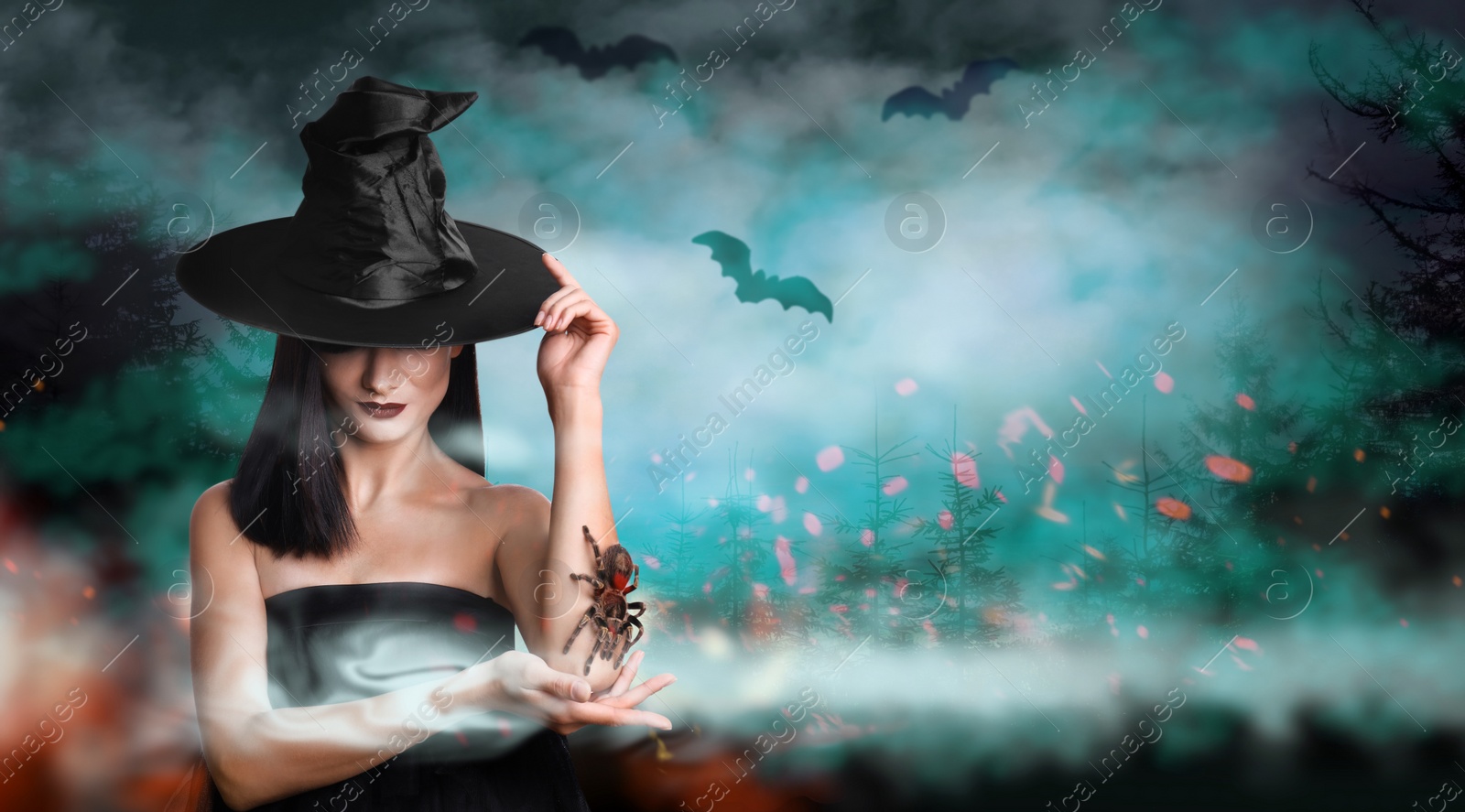 Image of Young girl dressed as witch with creepy spider in misty forest at night. Halloween fantasy