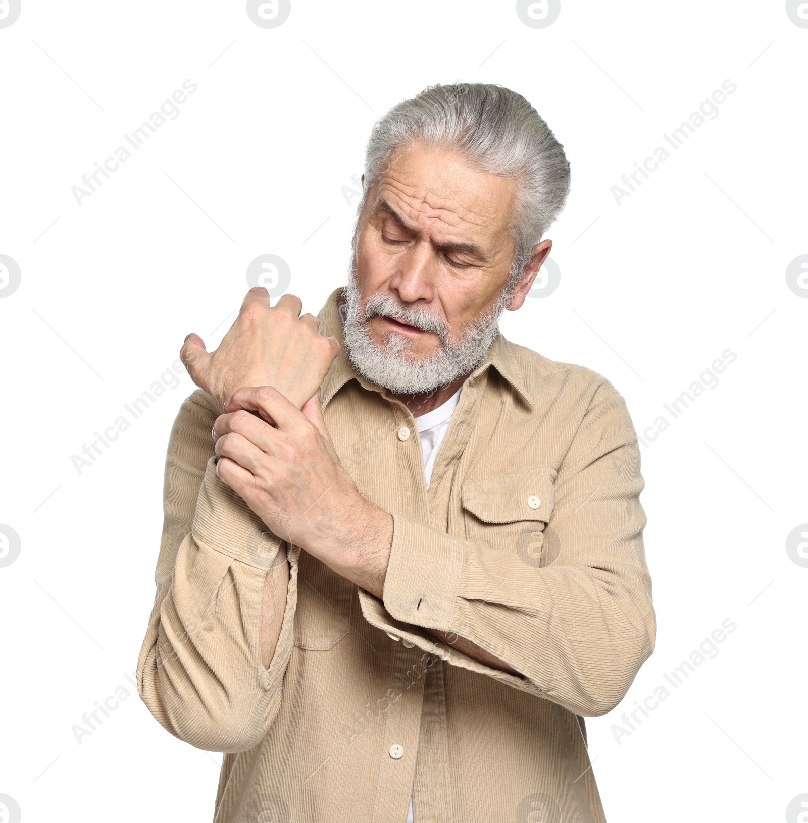 Photo of Arthritis symptoms. Man suffering from pain in wrist on white background