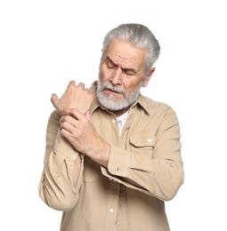 Arthritis symptoms. Man suffering from pain in wrist on white background