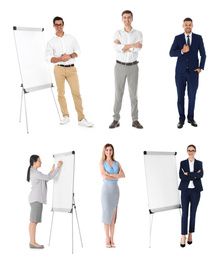 Image of Collage with photos of business trainers on white background