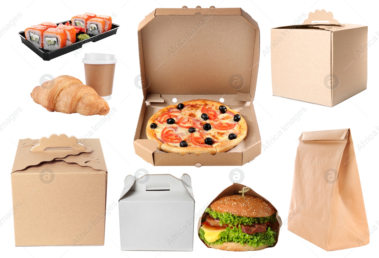 Image of Collage of cardboard and plastic containers with fresh food on white background. Online delivery