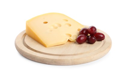 Photo of Piece of delicious cheese and grapes isolated on white