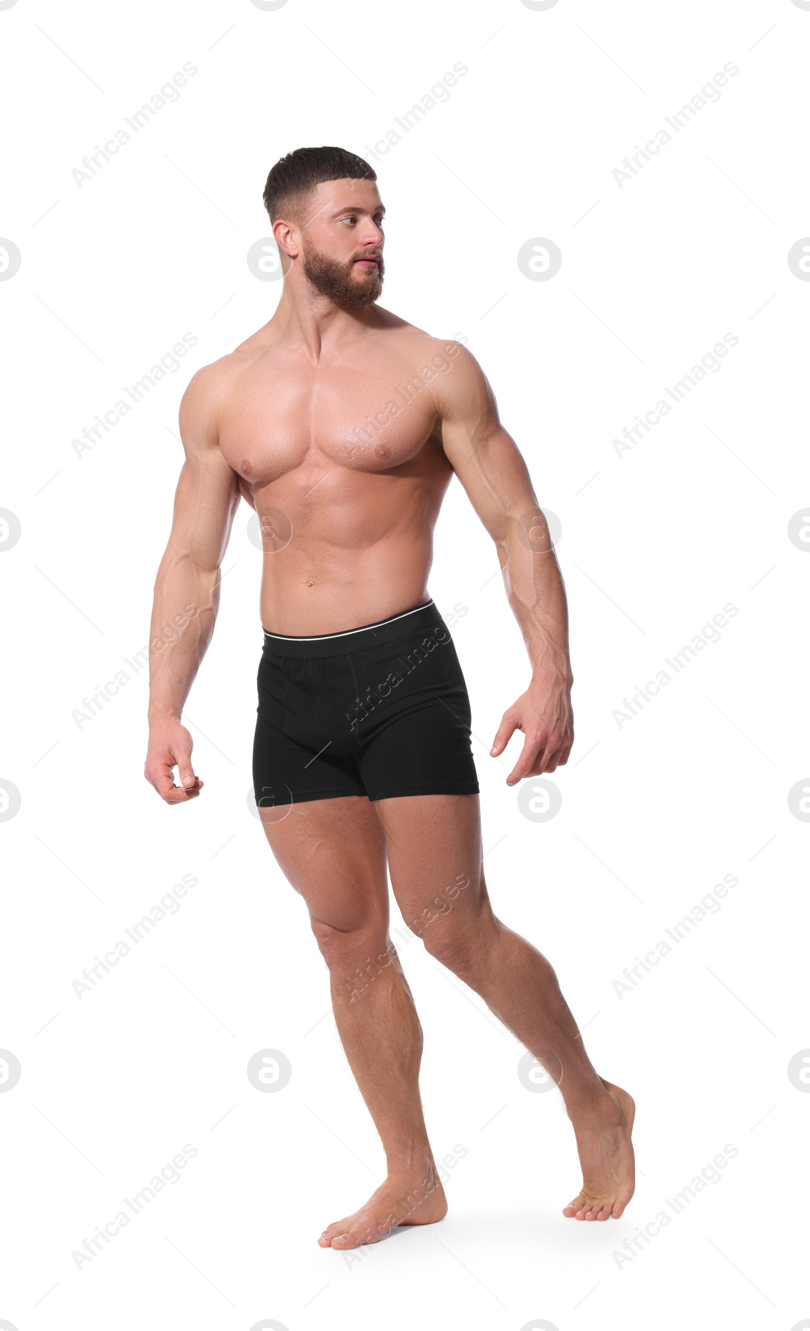 Photo of Young man is stylish black underwear on white background