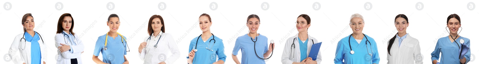 Image of Collage with photos of doctors on white background. Banner design