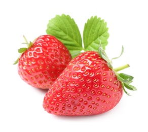 Photo of Delicious fresh red strawberries and green leaf on white background