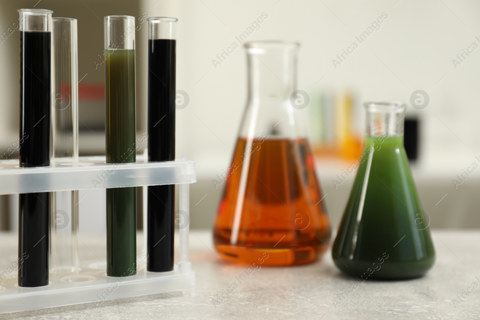 Photo of Laboratory glassware with different types of crude oil on light grey table