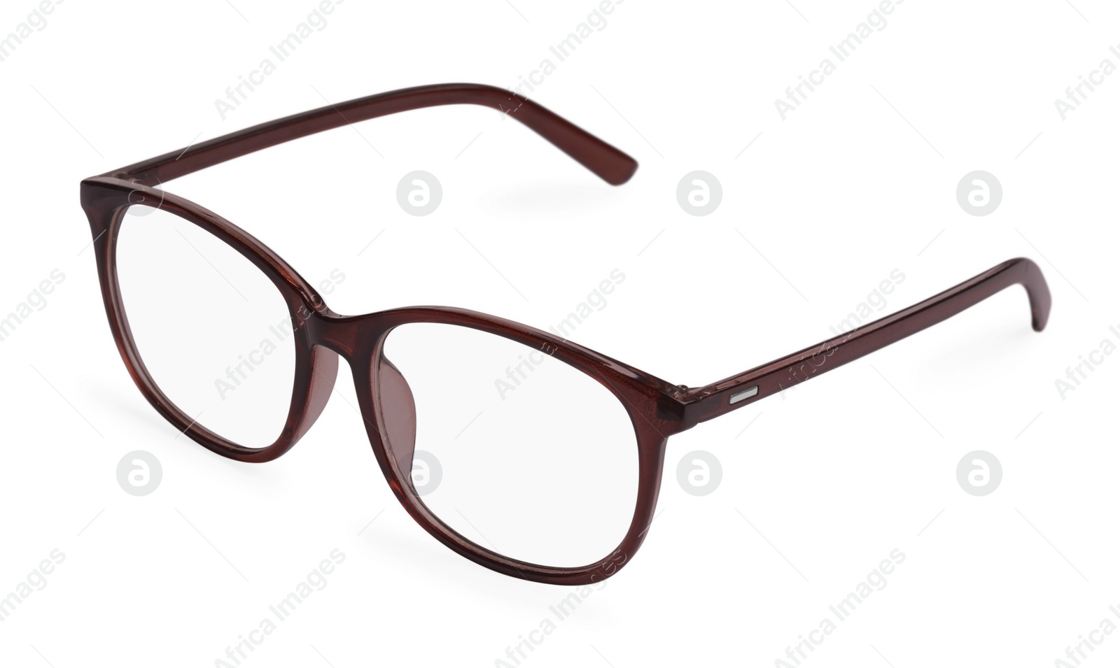 Photo of Stylish glasses with brown frame isolated on white