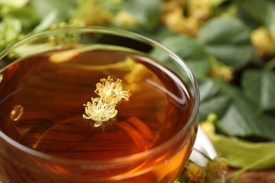 Photo of Cup of tea with linden blossom on blurred background, closeup