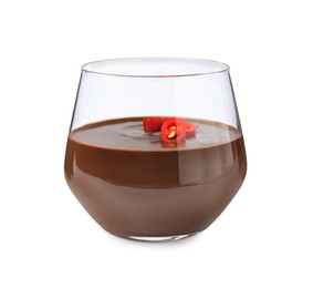 Photo of Glass of hot chocolate with chili pepper on white background