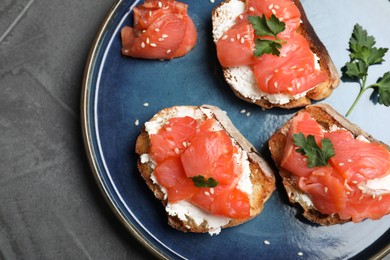 Tasty bruschettas with salmon, cream cheese and parsley on grey table, top view