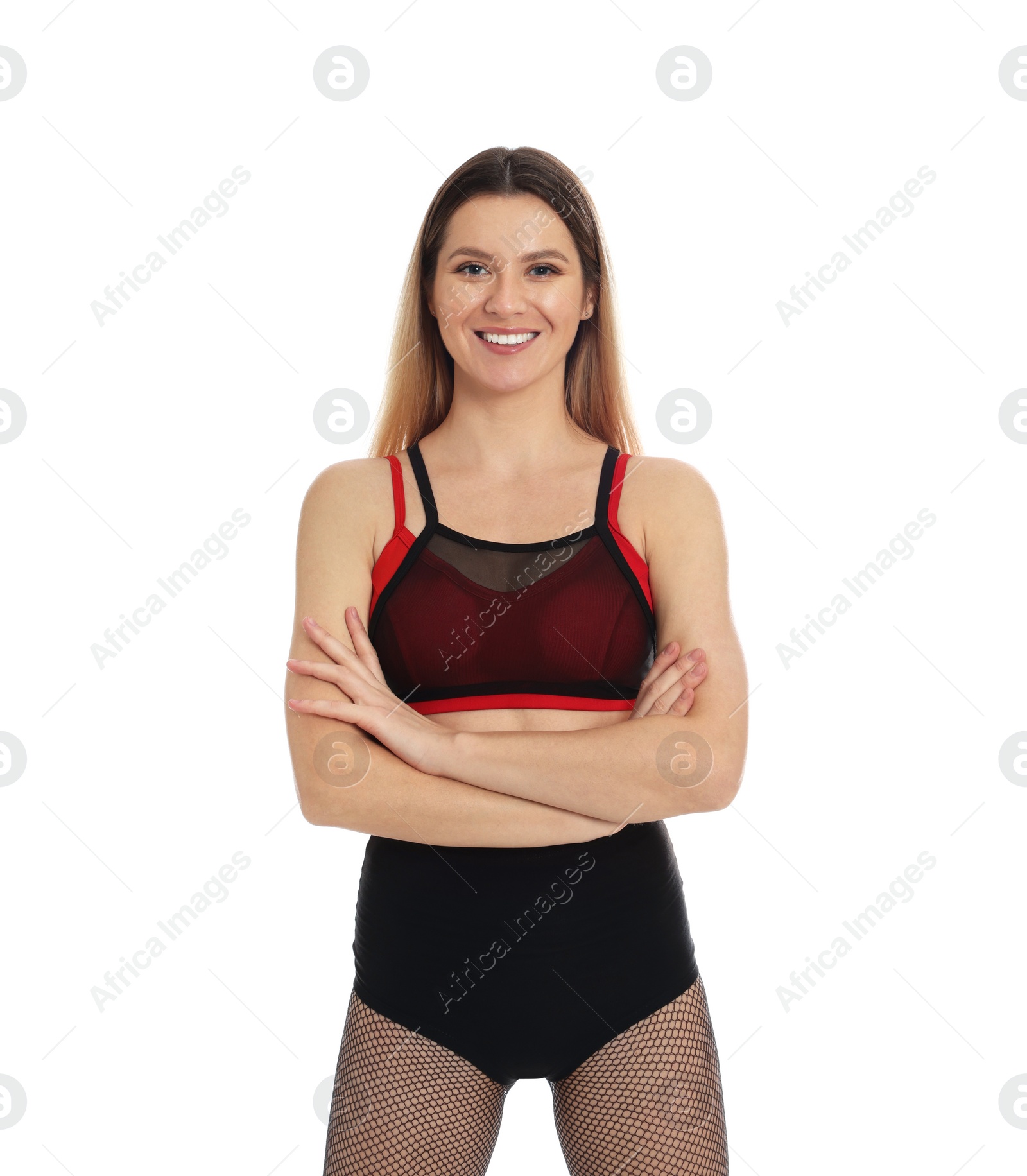 Photo of Beautiful cheerleader in costume on white background