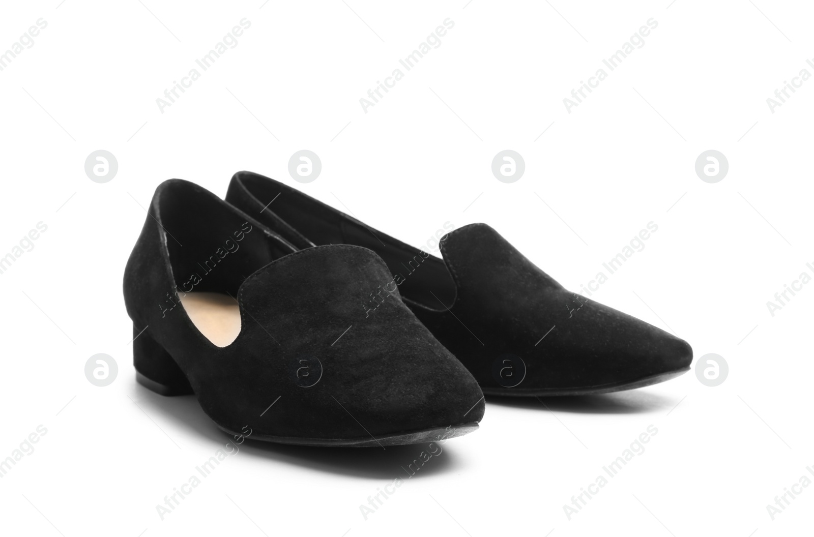 Photo of Stylish female shoes on white background. Trendy footwear