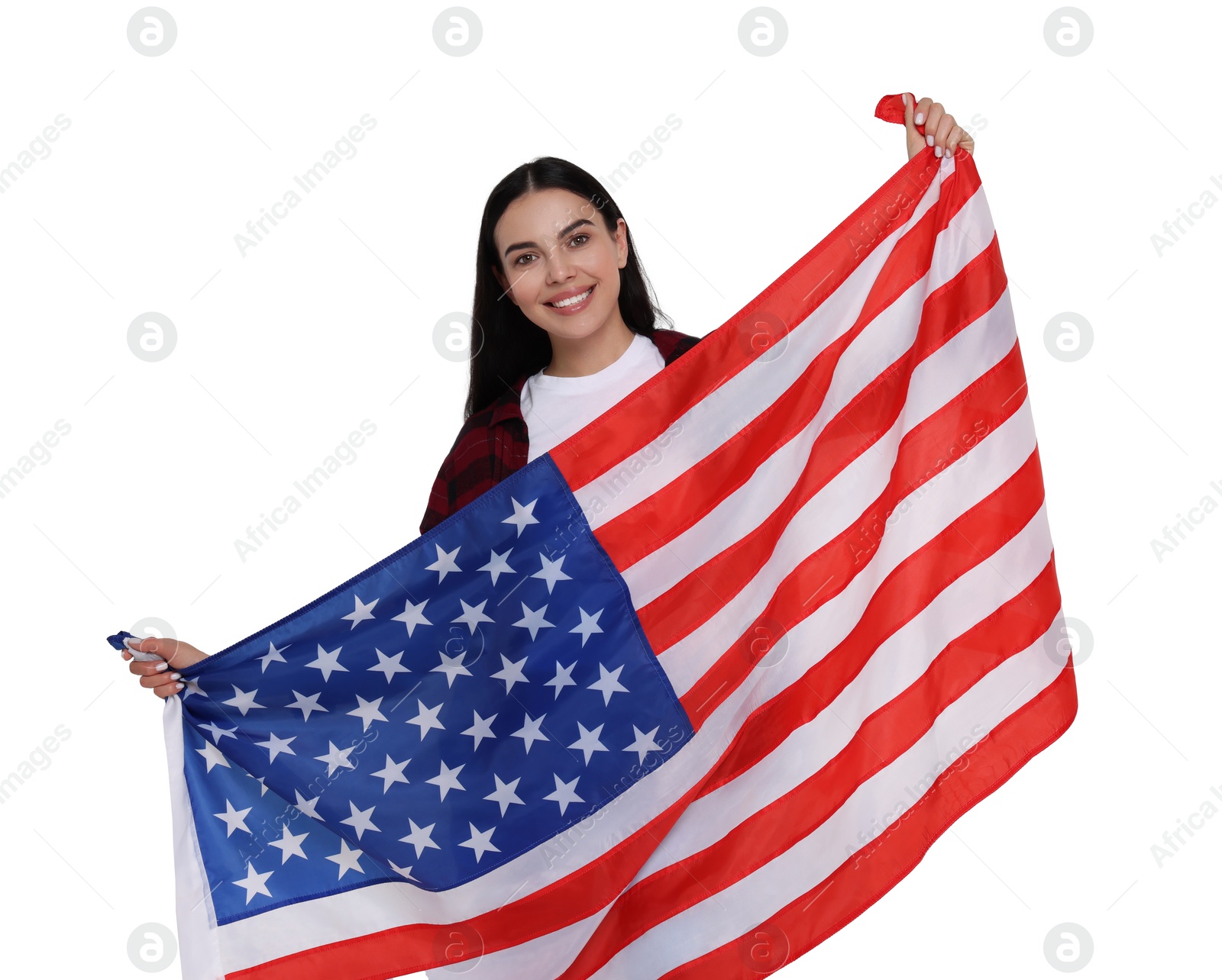 Image of 4th of July - Independence day of America. Happy woman holding national flag of United States on white background