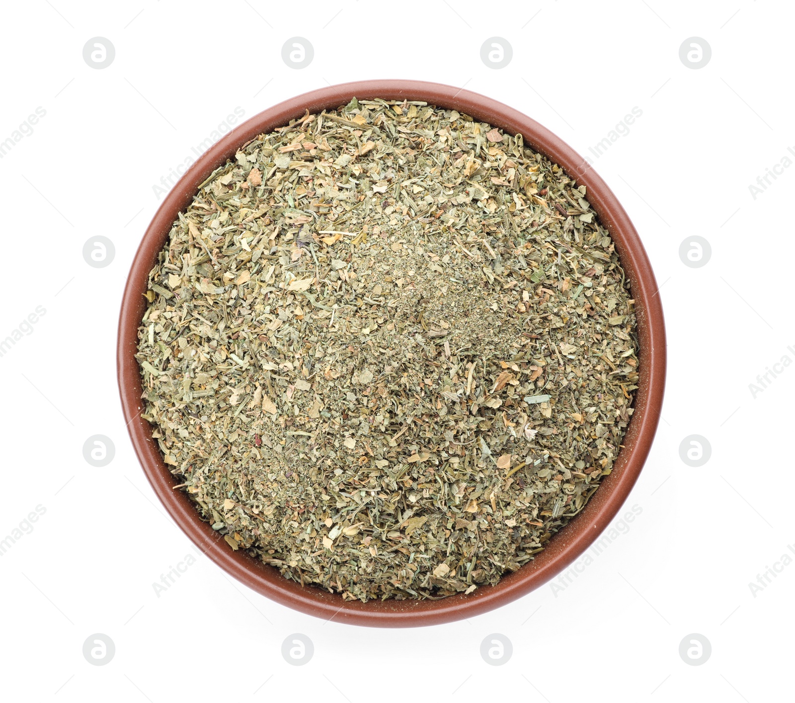 Photo of Bowl with dried parsley on white background, top view