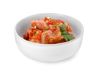 Photo of Bowl of delicious stuffed cabbage rolls cooked with homemade tomato sauce isolated on white