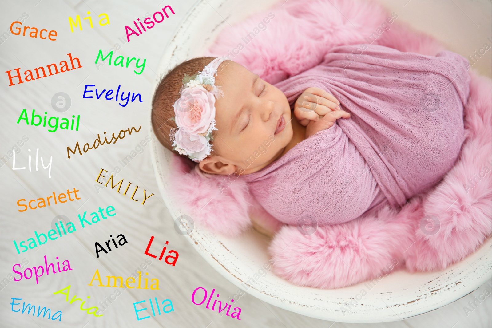 Image of Choosing name for baby girl. Adorable newborn sleeping, view from above