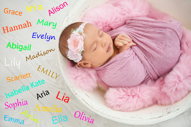 Image of Choosing name for baby girl. Adorable newborn sleeping, view from above