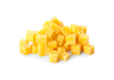 Photo of Raw yellow carrot cubes isolated on white